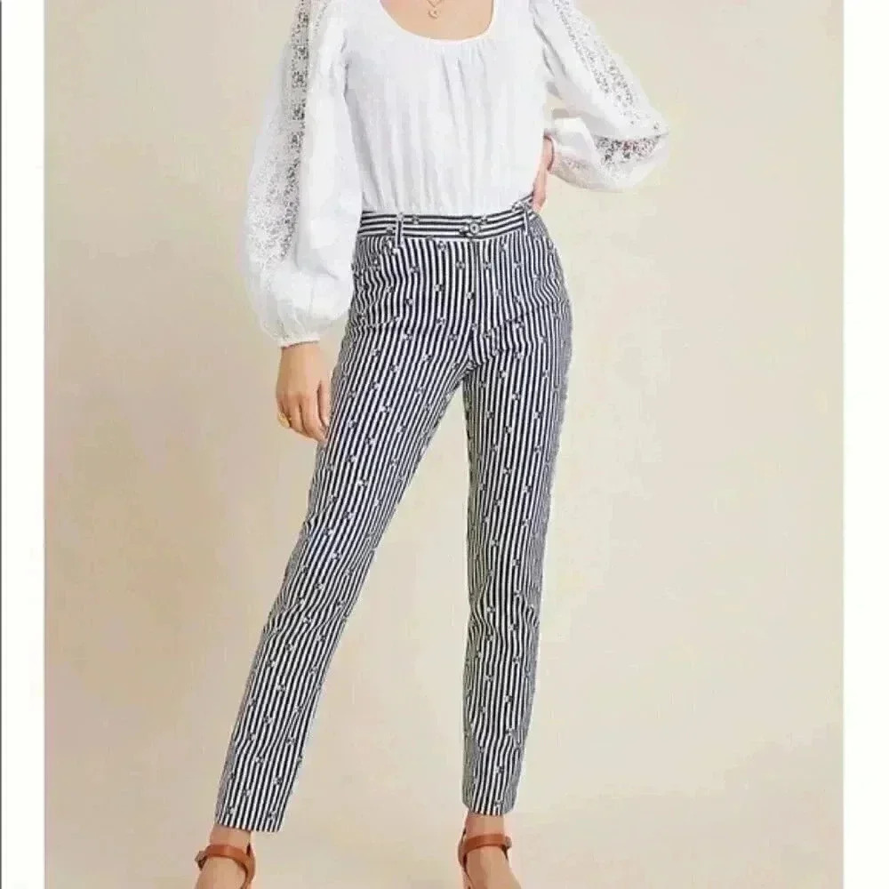 ANTHROPOLOGIE SLIM STRIPED POLKA- DOT TROUSERS IN